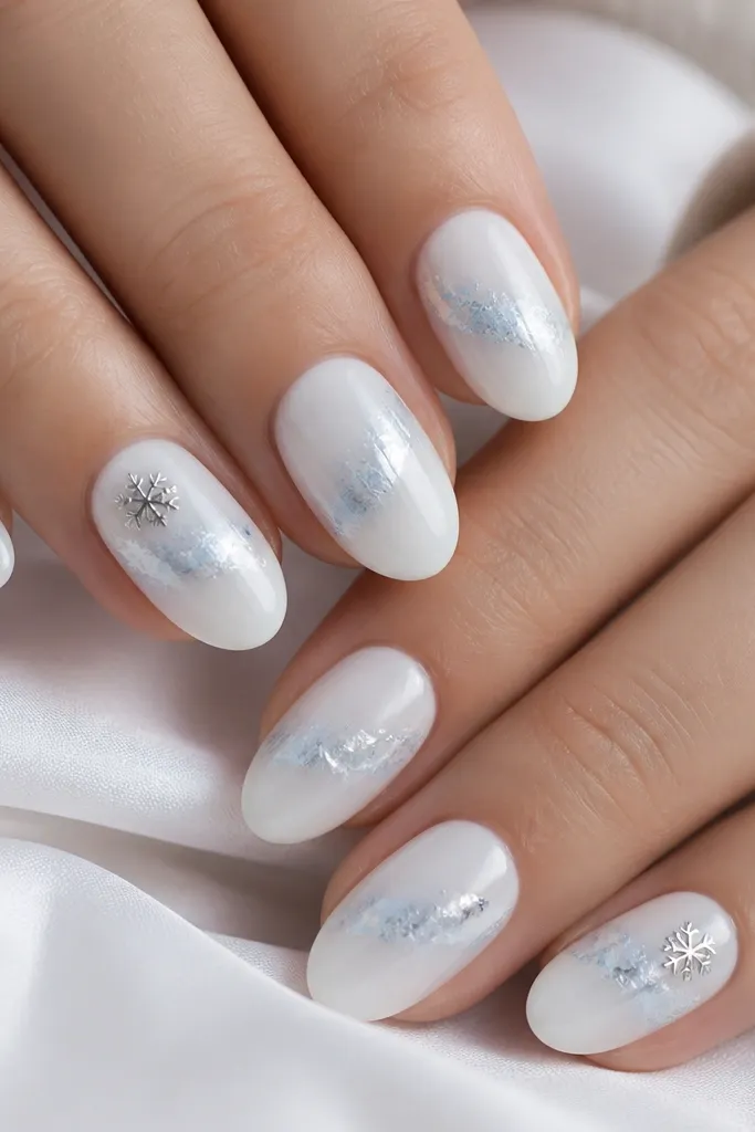 Short almond nails with a milky white opaque base. Each nail has a soft blue foil drift pattern across the middle, like light hitting snow. On two accent nails, tiny silver snowflake decals sit near the cuticle, small and spaced. Everything is glossy and bright against the white.