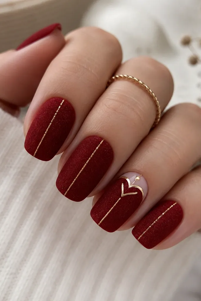 Nails are medium squoval with a deep red velvet effect across most of the nail. Gold thread lines run vertically like thin stitched seams. One accent nail has a half-heart in gold and white near the cuticle, with a tiny dot at the heart point. The velvet texture looks soft rather than shiny.
