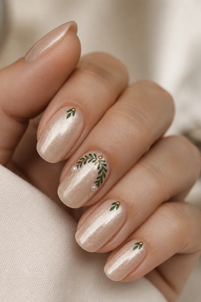Champagne nude nails with a glossy finish. One accent nail has a green wreath arc drawn across the upper half of the nail, with two small pearl beads on either side like candle ornaments. The wreath has tiny gold dots inside. Other nails have a single green leaf near the cuticle and a gold dot.