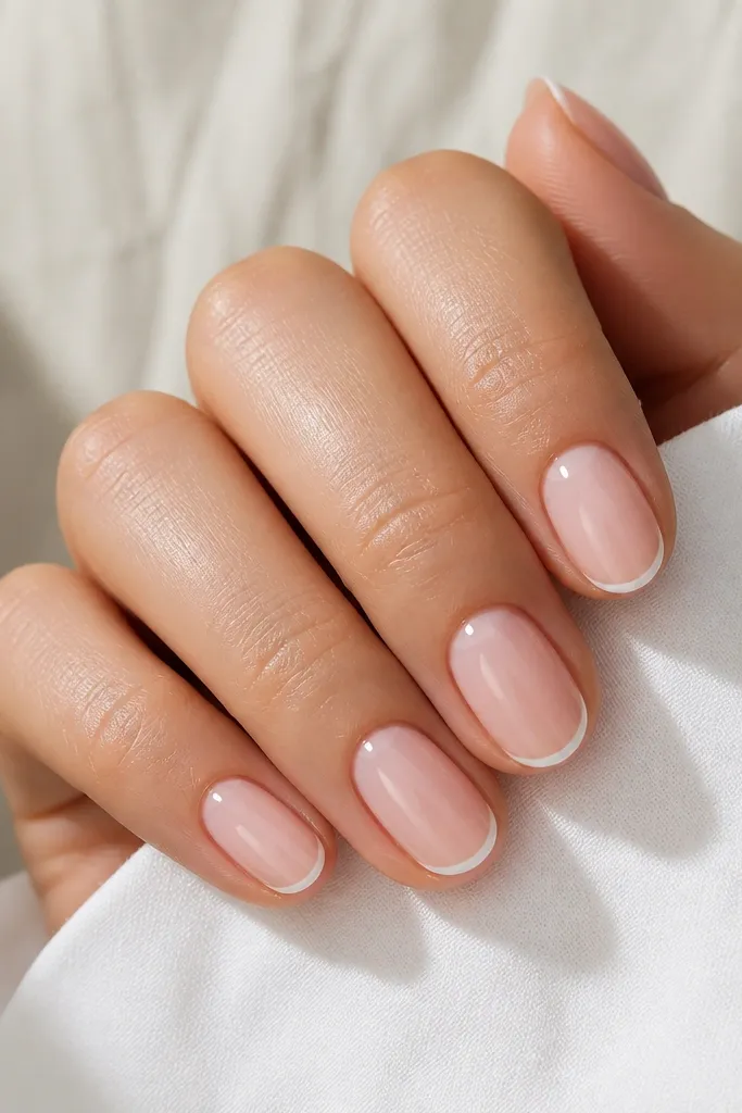 A set of short, almond nails with a milky sheer pink base. The tips are a crisp opaque white micro French line, very thin and centered, with no glitter and a glossy top coat.