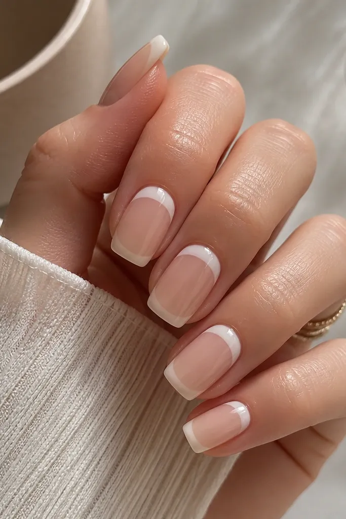 Long squoval nails with a sheer nude BIAB base. The French tips are off-white (slightly creamy), and the smile line sits higher, making the tips look like a neat band near the top of the free edge. Glossy finish.