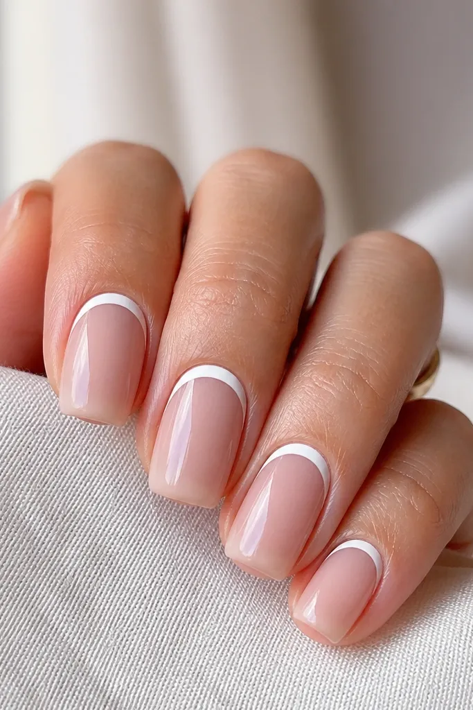Medium squoval nails with a nude sheer BIAB base. The white line is at the cuticle area, forming a reverse French with a clean negative-space center. Glossy finish, crisp edges.