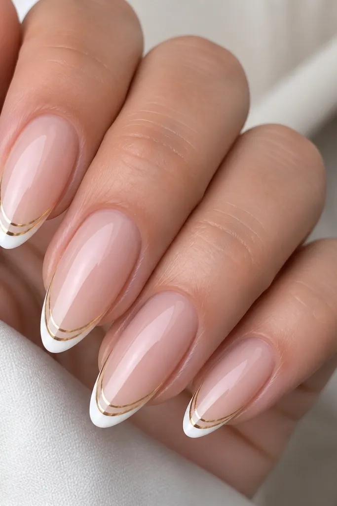 Almond nails with a sheer nude BIAB base. The tips have a white French line, and right inside it there's a hairline gold strip. Clean, symmetrical double line with glossy top coat.