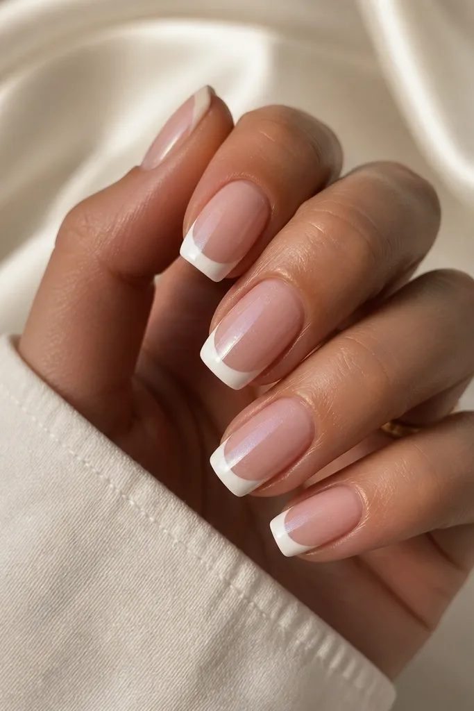 Medium squoval nails with a sheer pink BIAB base. The French tips are opaque white but have a subtle pearlized shimmer that catches light. No glitter chunks, just a smooth glow under glossy top coat.
