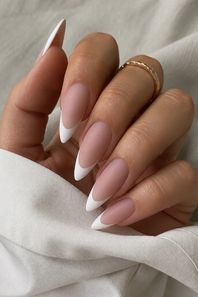 Stiletto or long almond nails with a matte nude BIAB base. The French tips are glossy opaque white, creating a strong contrast line. The rest of the nail is velvety matte.