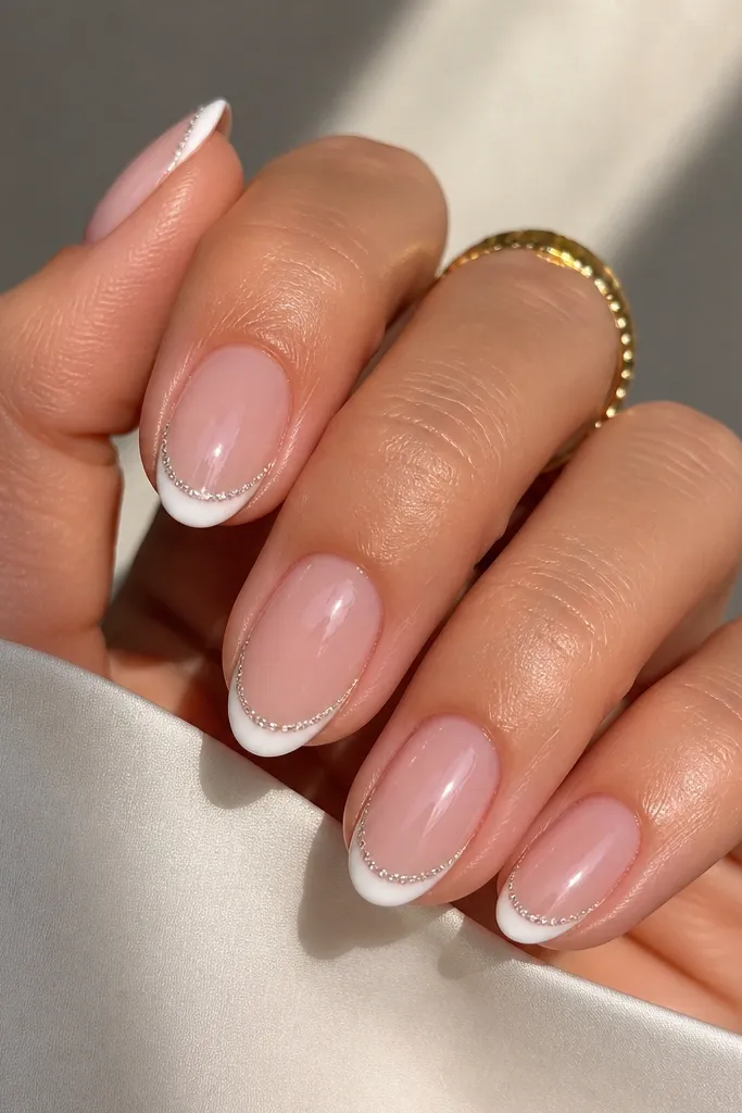 Short almond nails with sheer pink BIAB base and classic white French tips. Along the very tip edge there's a thin row of tiny clear crystals, evenly spaced and sealed under glossy top coat.
