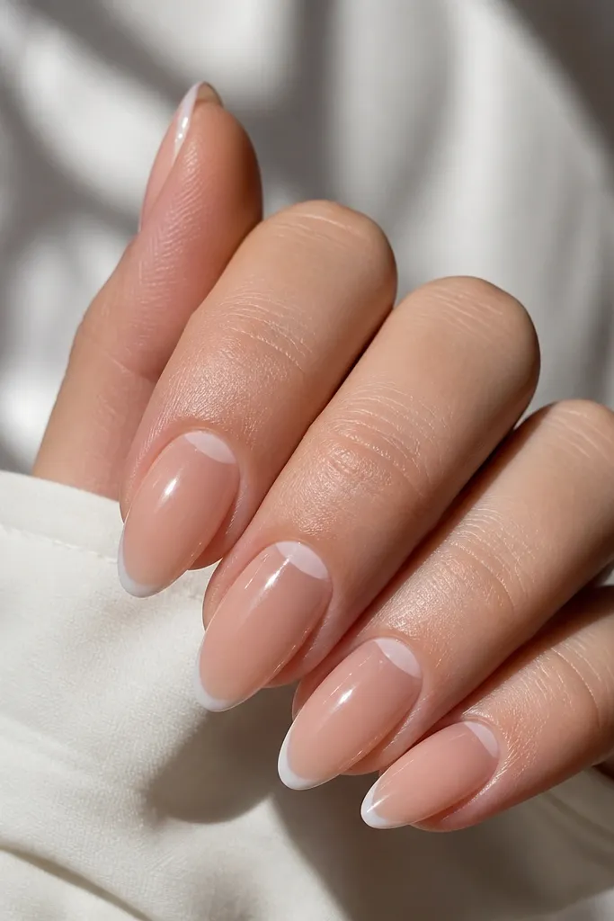 Almond nails with a sheer nude BIAB base. There's a thin off-white half-moon at the cuticle area and a very tiny white accent at the free edge, like a mini French. Glossy finish.