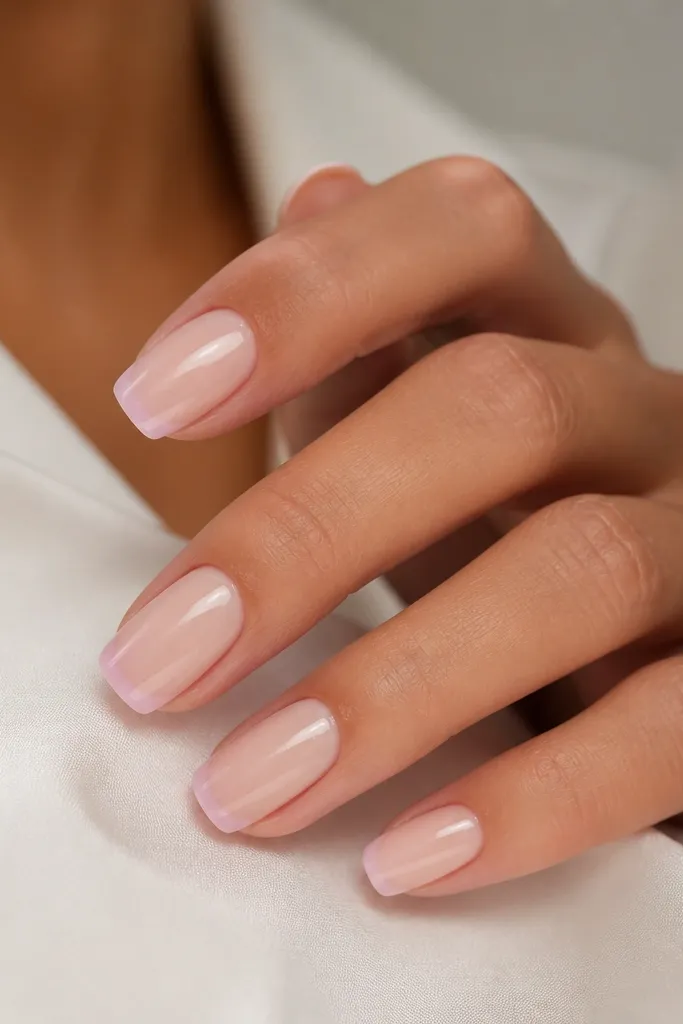 Long squoval nails with a nude BIAB base. The tips have a translucent baby pink wash over a faint white base, creating a soft French edge. The finish is glossy and smooth.