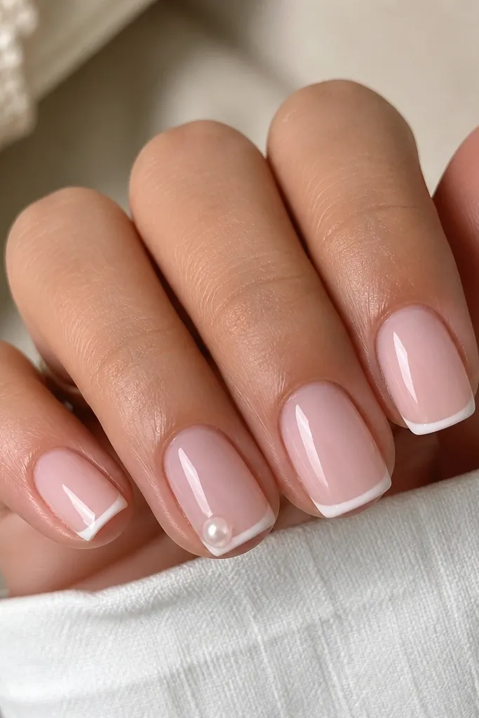 Short squoval nails with sheer pink BIAB base and a very thin white French. On the ring finger, there's a single half pearl placed near the sidewall of the tip area, not centered, with glossy top coat.