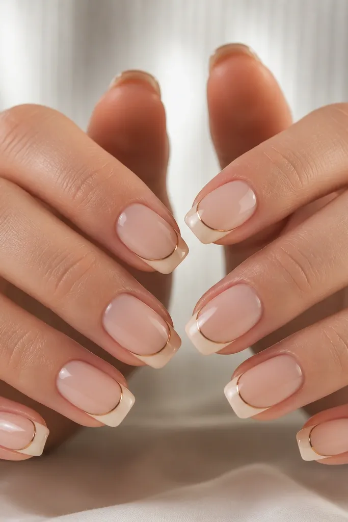 Long squoval nails with a clear or very sheer BIAB base. The tips are a soft off-white French, and there's a thin rose-gold stripe running along the smile line. Clean, glossy finish.