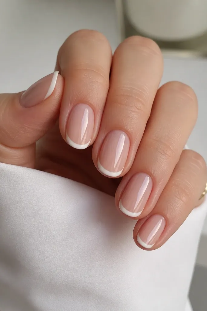 Short oval nails with nude BIAB base and a very thin white French tip line. The smile curve is centered and crisp, with a glossy top coat and no extra gems.