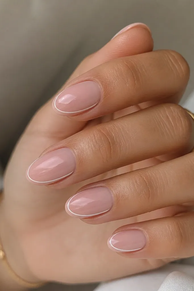 Medium almond nails with a sheer pink BIAB base. The French tip is a micro white line, but the curve is reversed so it traces a subtle inner smile instead of a wide outer band. Glossy finish.