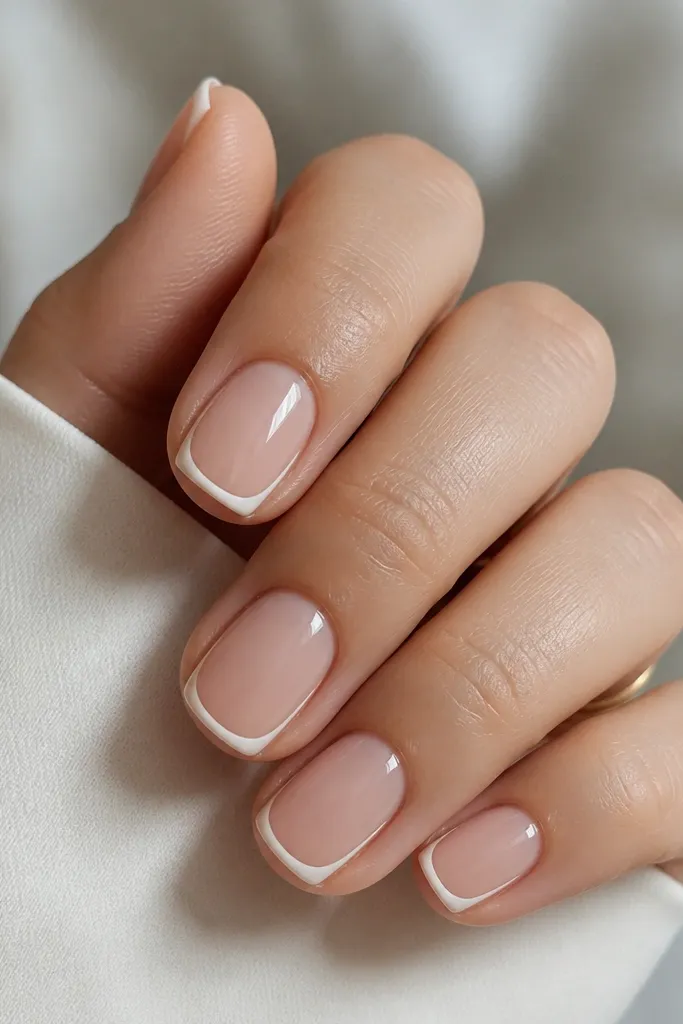 Short square nails with nude BIAB. Only the outline of the French tip is painted white as a clean border along the smile curve and sides, leaving the center of the tip area nude.