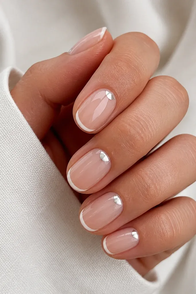 Short oval nails with nude BIAB and thin white French tips. A tiny half-moon of silver micro chrome sits near the cuticle center on each nail. Glossy finish.