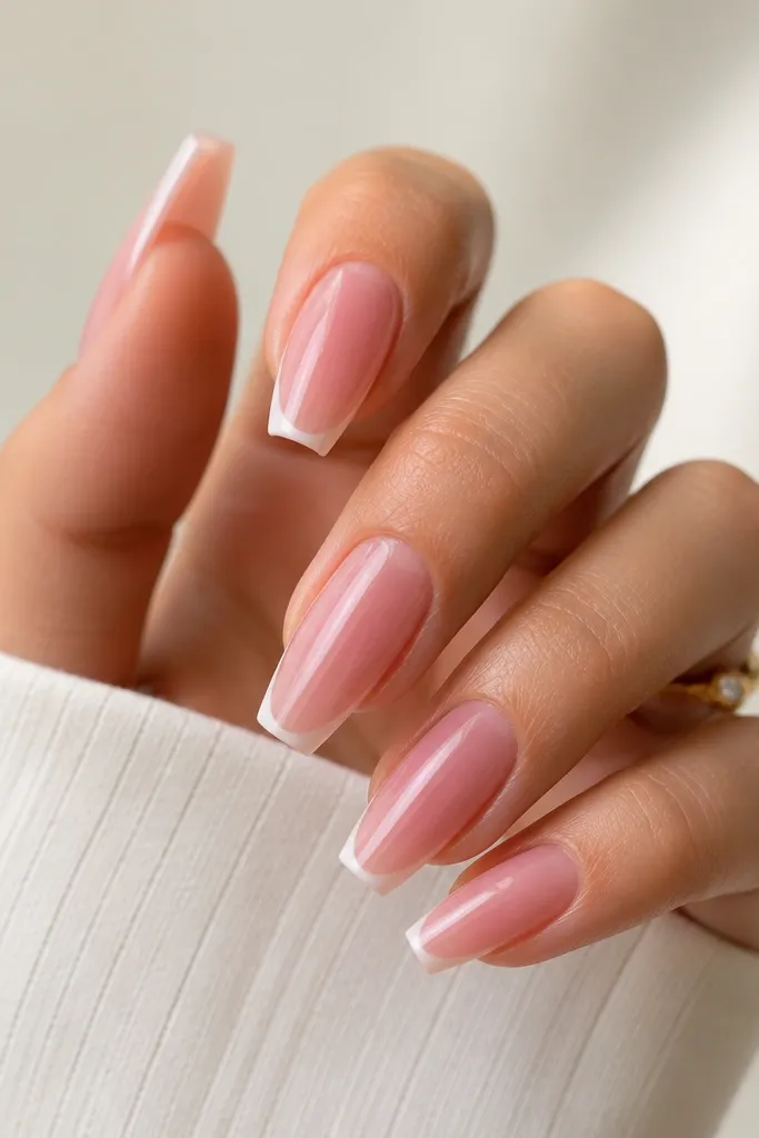 Medium coffin nails with a translucent jelly pink BIAB base. The French tips are crisp white, thin, and the overall look is glassy with strong shine and a smooth free edge.