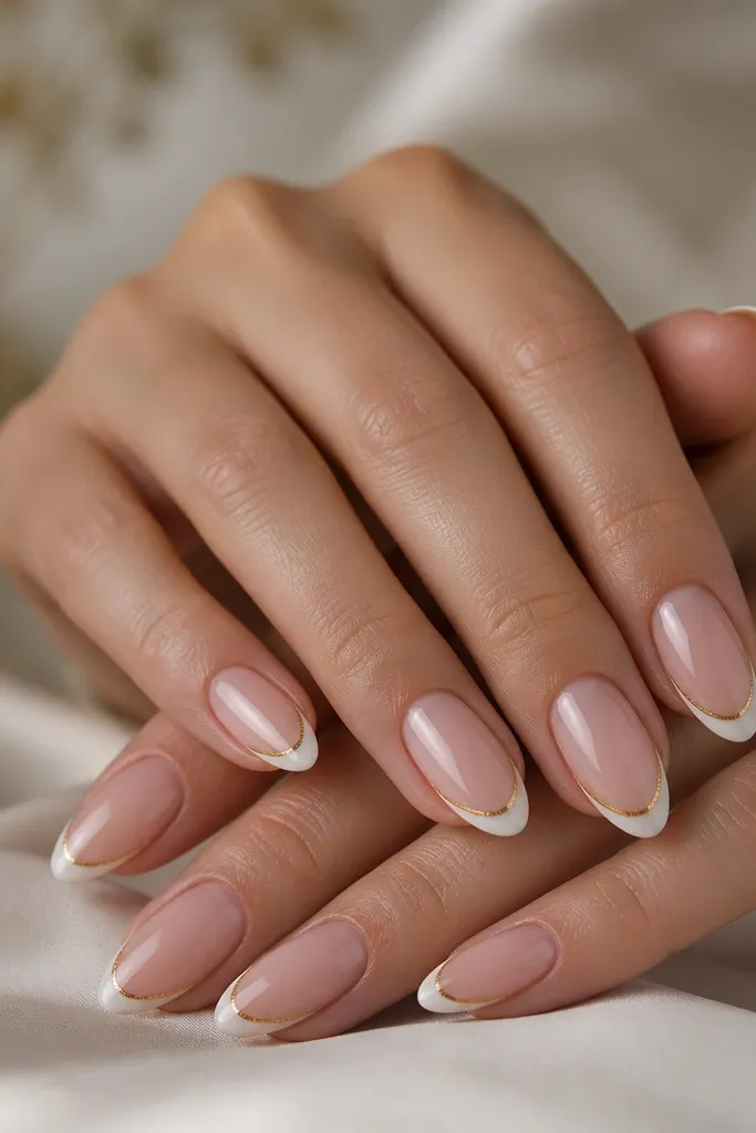 Almond nails with nude BIAB and thin white French tips. Along the smile line, there is a narrow strip of gold foil that sits only on the edge, not filling the tip area. Glossy finish.