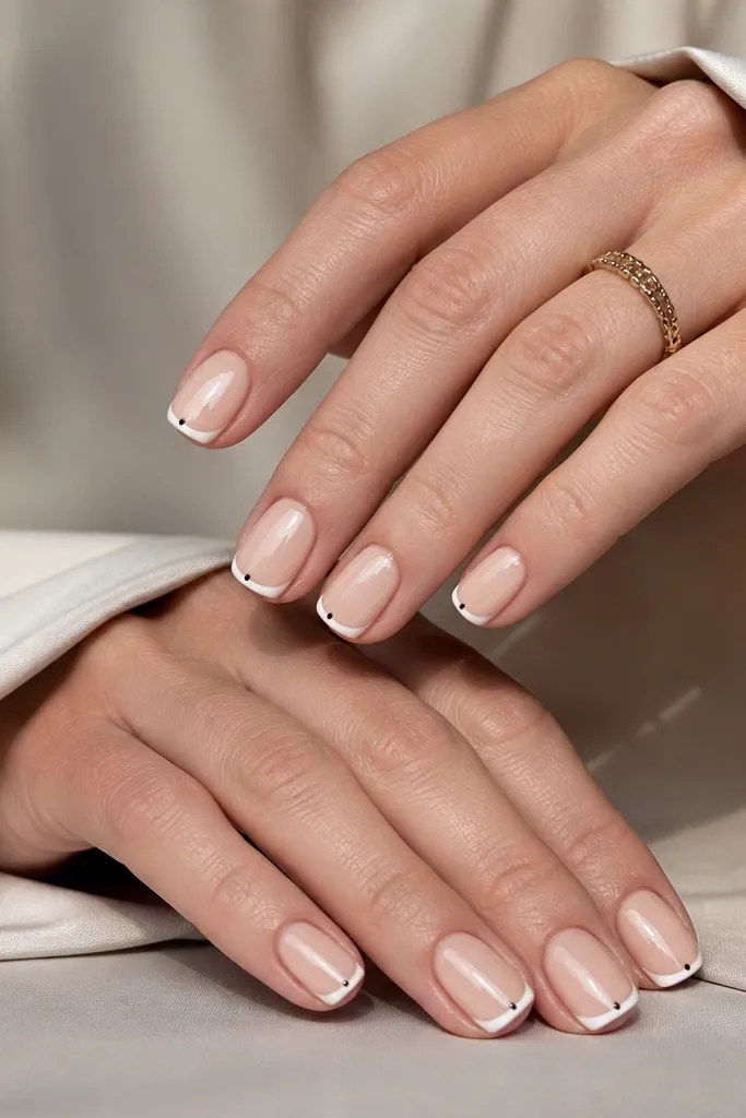 Short squoval nails on nude BIAB. Thin white French tips with one tiny black dot near the outer side of the smile curve on each nail. Clean glossy finish.
