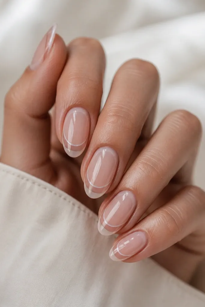 Medium oval nails with nude BIAB base. Instead of a filled white tip, there is a clear glossy line at the smile curve with a slightly tinted white gel outline, keeping the tip area mostly nude.