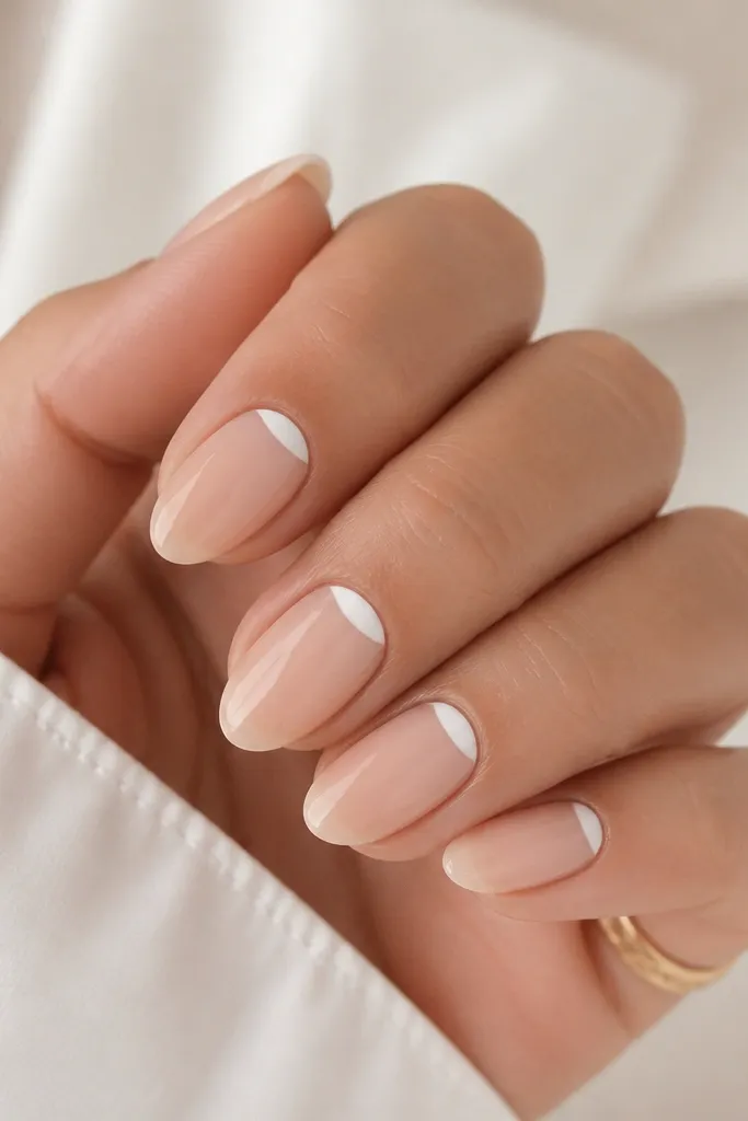 Short almond nails with nude BIAB. The tip is a reverse French half-moon in white that sits closer to the cuticle, with a clean gap between the half-moon and the nail tip. Glossy finish.