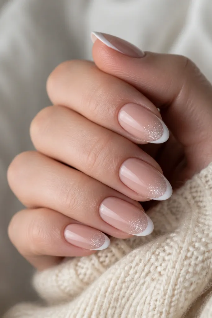 Medium oval nails with nude BIAB and a thin white French tip. At the outer 1/3 of the tip, there is a micro-glitter fade that looks like frost, staying clean and controlled. Glossy top coat.