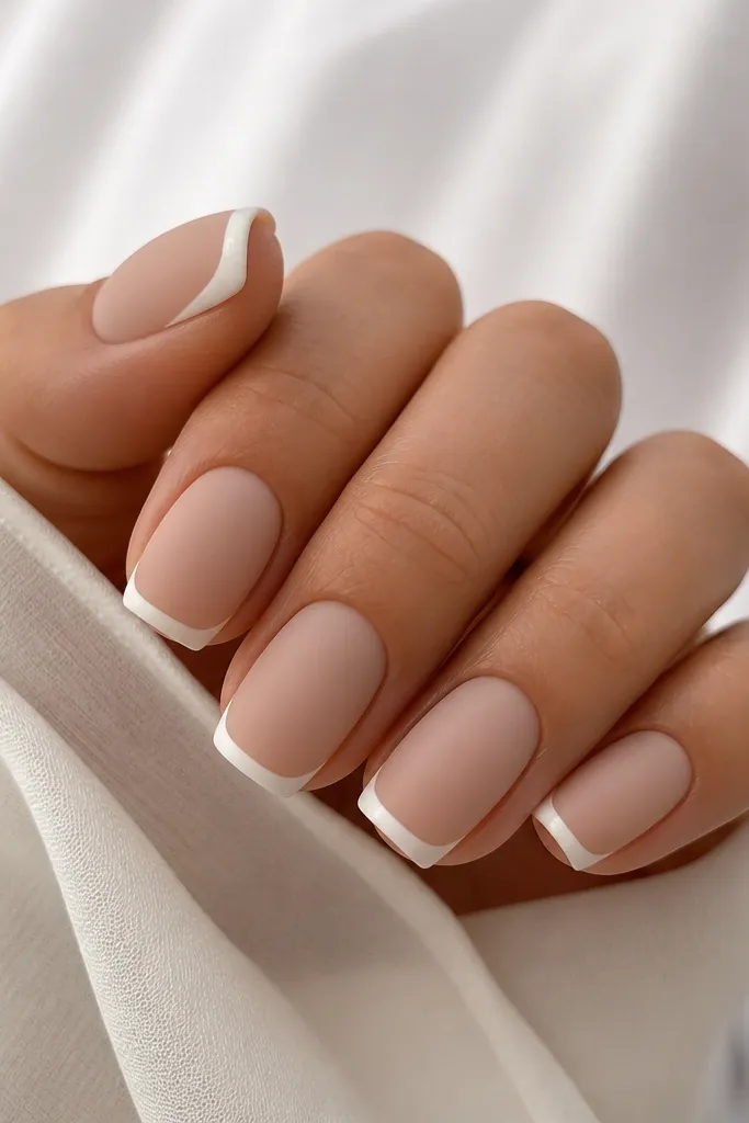 Medium squoval nails with matte nude BIAB base and glossy thin white French tips. The contrast is sharp, with clean lines and a smooth, non-fuzzy finish on both surfaces.