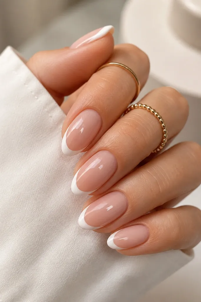 Short almond nails with nude BIAB and a thin white French tip. Around the edge of the white tip, there is a tiny clear jelly border that makes the outline look sharper and more dimensional. Glossy finish.