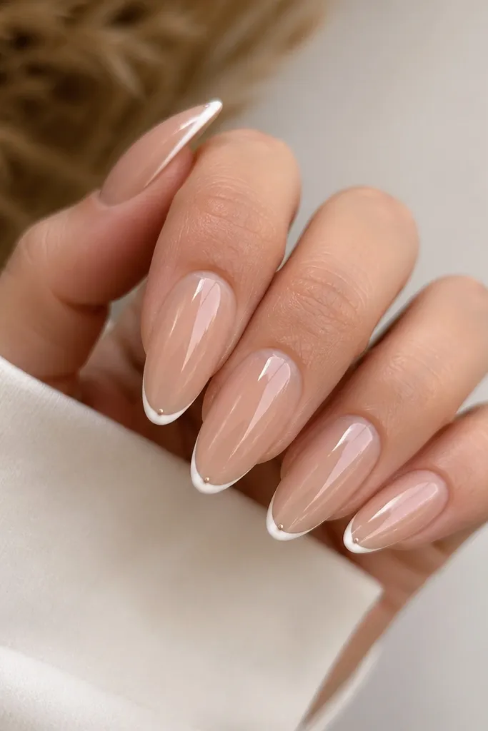 Long almond nails with nude BIAB and a thin white French tip. At the center of the smile curve, there is a single tiny dot of silver chrome or white gel, perfectly centered. Glossy finish.