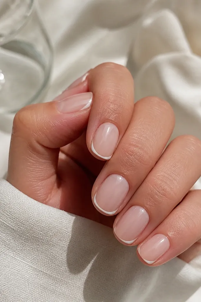A hand with short, rounded nails in a milky nude BIAB. Each nail has a very thin white micro-French line right at the free edge. The nails are glossy, and the cuticle area is clean with no thick border.