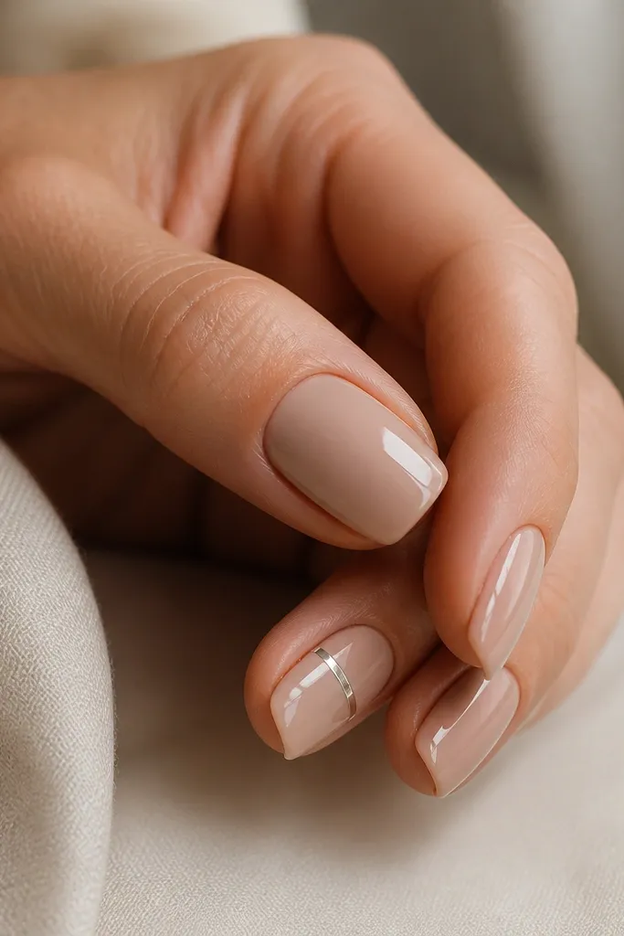 Neutral warm beige BIAB nails with a glossy finish. The ring finger has a single straight chrome stripe across the middle of the nail, while the other nails are plain beige. The chrome reflects light like a thin mirror line.
