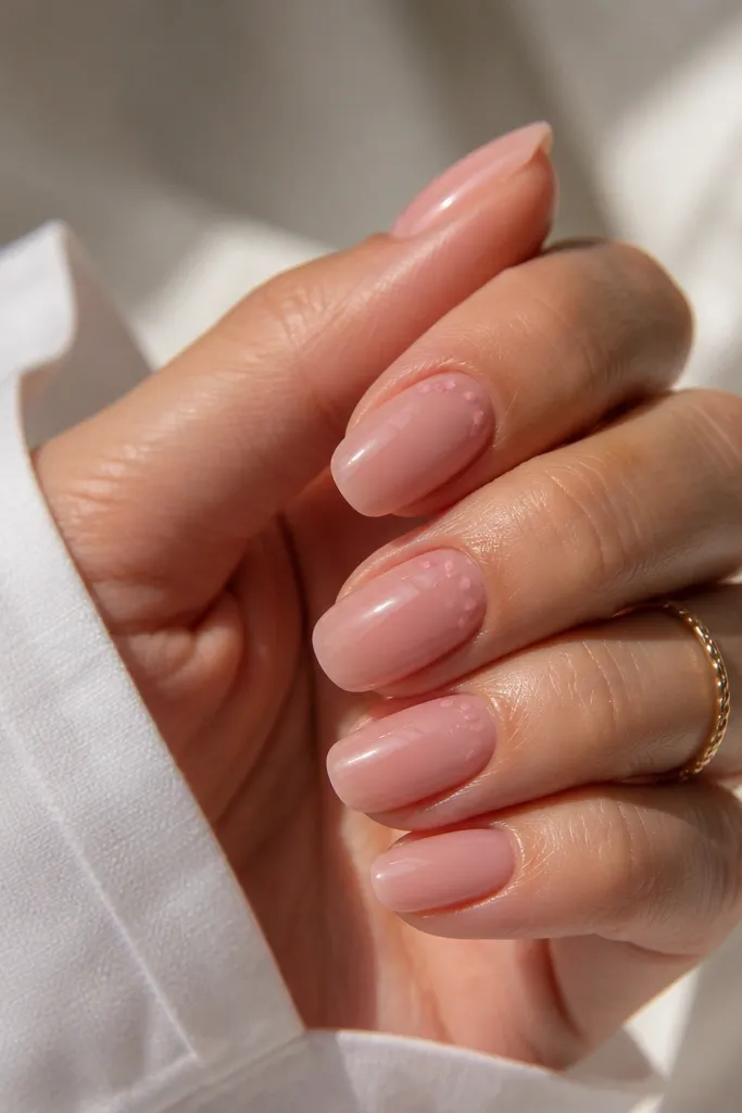 Sheer rose BIAB nails with a glossy finish. Near the cuticle on two nails there is a tiny cluster of small blush-pink dots, like a soft sprinkle. The other nails are plain sheer rose.