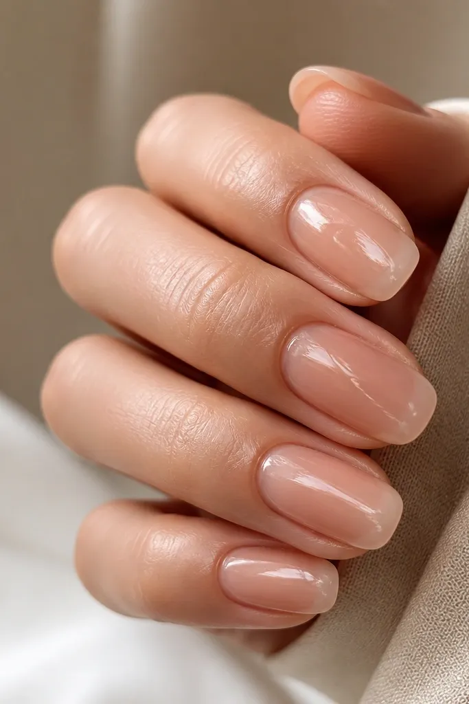 Clear BIAB nails with a nude jelly tint layered over the middle and then sealed at the free edge. The nails look glossy and glassy, with a subtle pink-brown glow. No nail art, just a clean gradient-like tint.