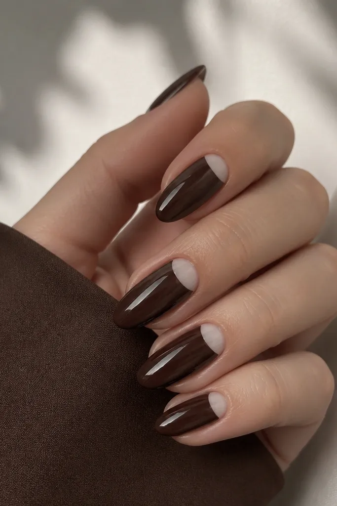 Deep chocolate brown BIAB nails with a glossy finish. On each nail there is a milky white half-moon at the cuticle area, like a soft crescent. The half-moon is clean and centered.