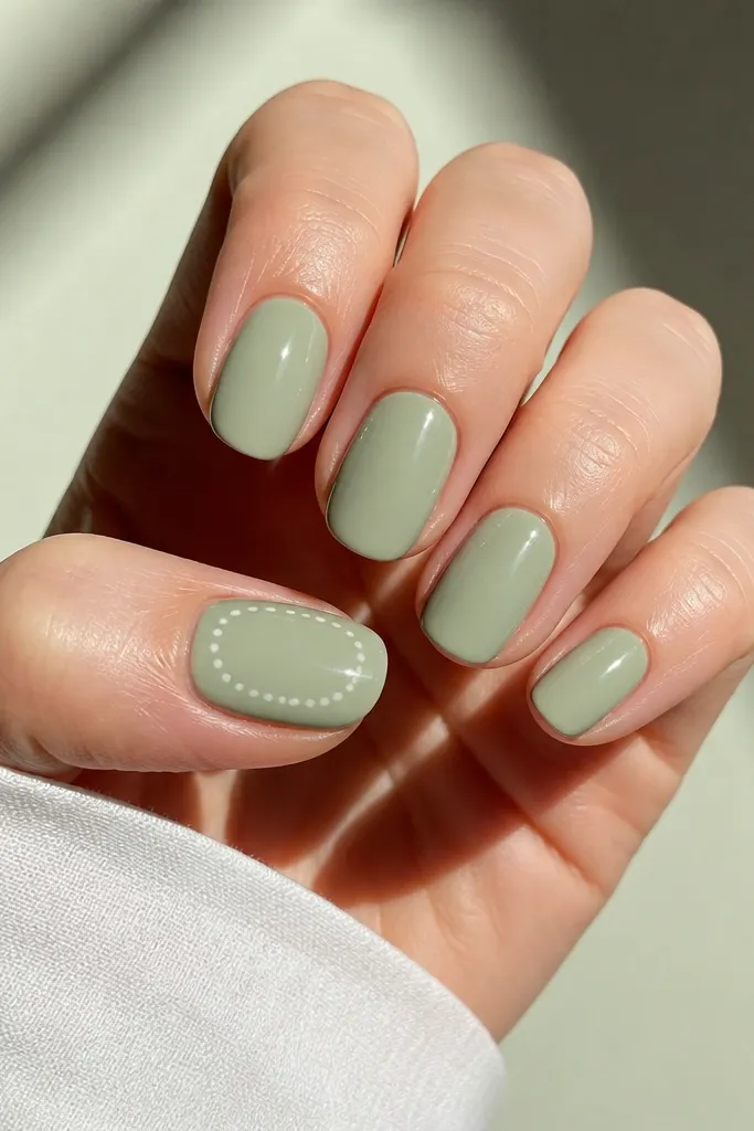 Soft sage green BIAB nails, glossy. All nails are plain sage except the thumb which has a tiny dot outline around the center of the nail, like a dotted oval. The dots are spaced evenly and are a lighter cream color.