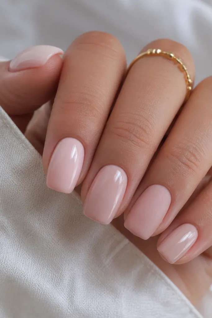 Milky pink BIAB nails with glossy finish on most nails. One nail (ring finger) is matte blush pink, with the rest glossy. The contrast between matte and gloss is clear, with smooth surfaces.