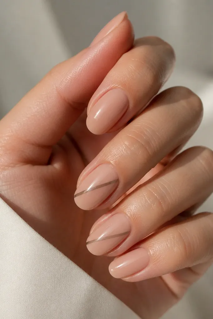 Nude BIAB nails, glossy. Two nails have a diagonal taupe stripe running from lower left near the cuticle to upper right toward the tip. The stripe is crisp and narrow, with clean edges.
