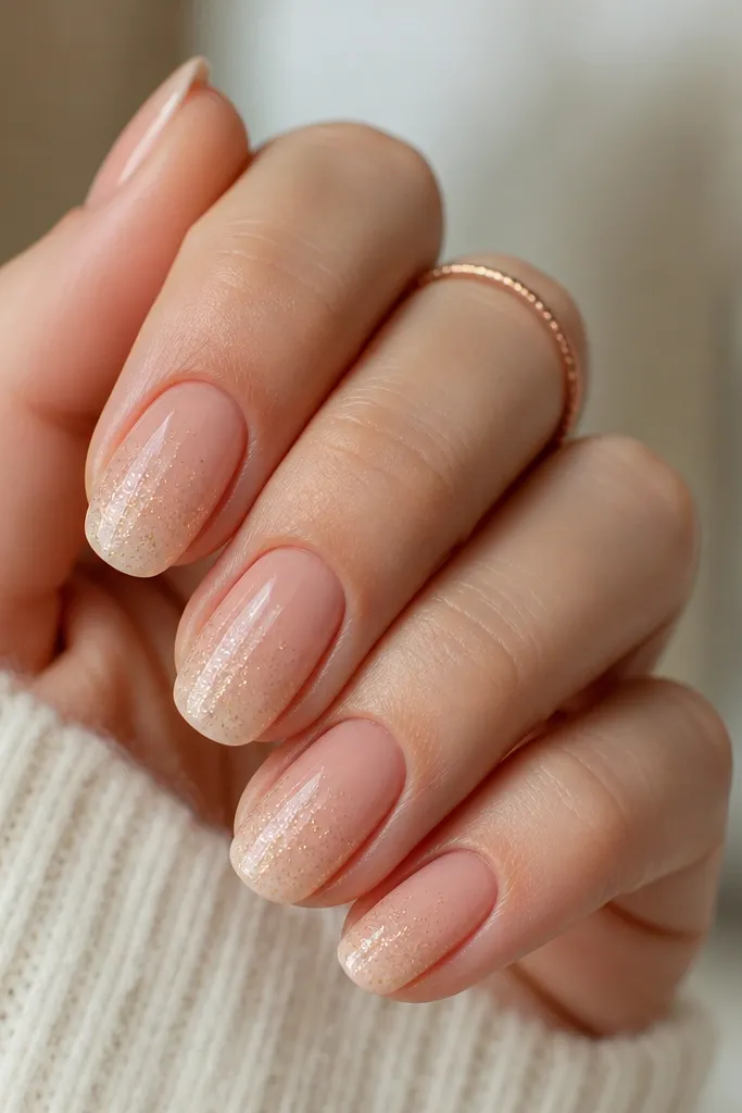 Sheer peach BIAB nails with glossy finish. Micro glitter is concentrated near the free edge and fades downward toward the center of the nail. No full glitter coverage, just a soft ombre sparkle.