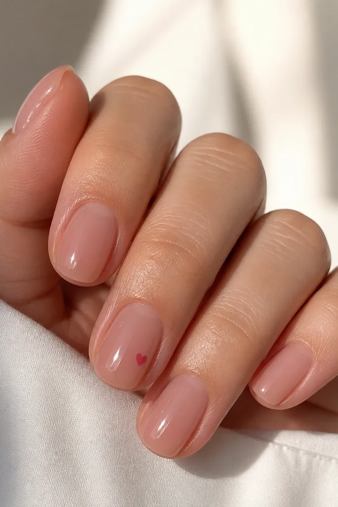 Clear pink BIAB nails, glossy. A single tiny heart sits on the side of one nail near the middle, painted in a darker pink. The rest of the nails are plain.