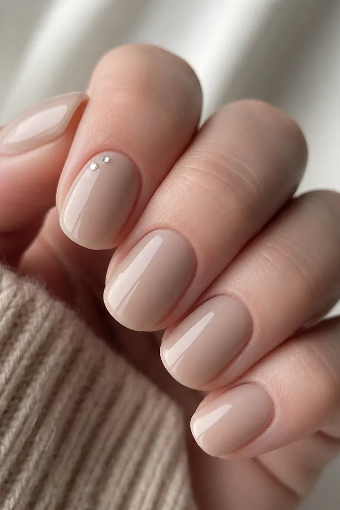 Iced beige BIAB nails with glossy finish. Only the index finger has two tiny silver studs placed diagonally near the cuticle. The studs catch light like small points, and the rest of the nails are plain.