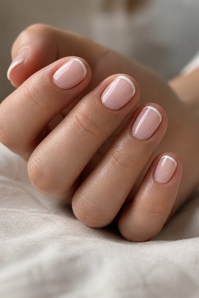 Short, rounded nails. A sheer nude BIAB base is topped with a super-thin white French line that starts at the sidewalls and follows the smile curve. The line is only about 1mm tall, with glossy shine. No other art.