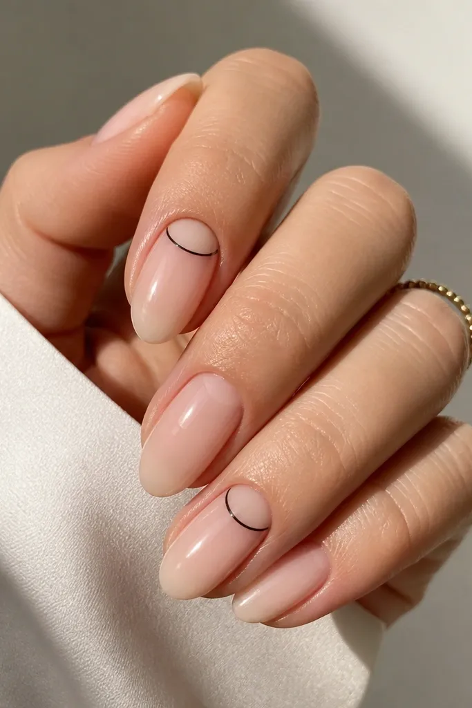 Short almond nails with a clear-to-sheer BIAB base. At the cuticle area there's a clean negative space half-moon shape, outlined with a thin black line on two accent nails. Glossy finish, no glitter.