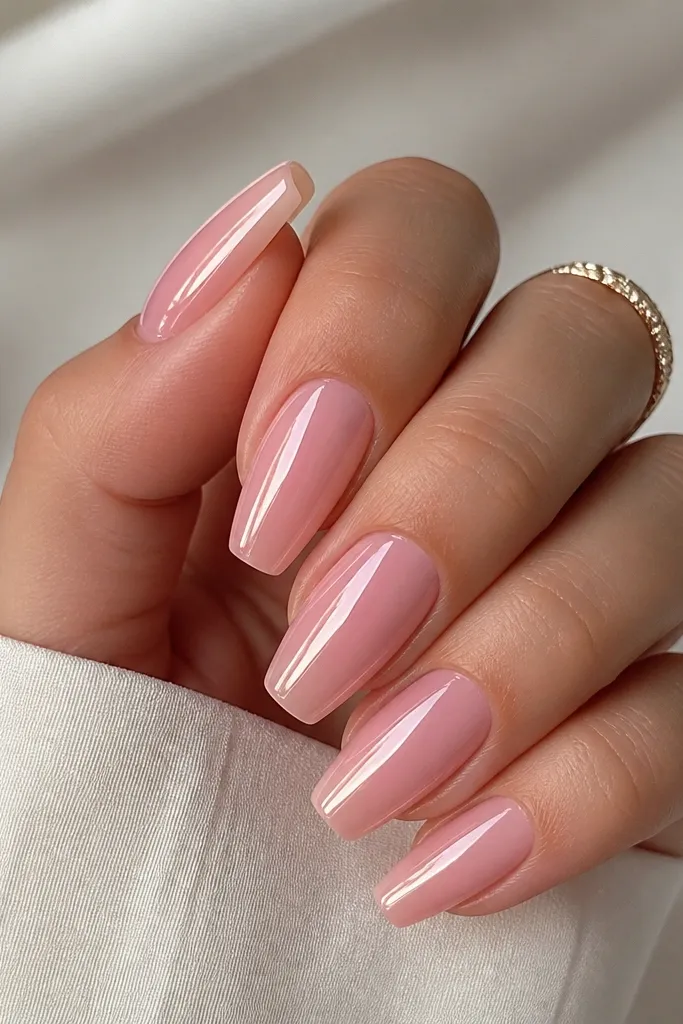 Medium-short coffin nails in a milky pink base. A single cat-eye stripe runs vertically down the center of each nail, with a soft glow and sharper reflection in the middle. Glossy topcoat.