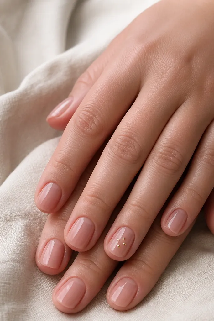 Short squoval nails in a sheer rosy base. On each ring finger there's a small cluster of exactly three gold dots near the center, with one dot slightly higher. Glossy finish, minimal shine accents.