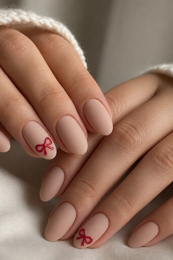 Short almond nails in a soft matte nude finish. One accent nail on each hand has a small glossy red bow shape near the tip, with two curved loops and a tiny center knot. Other nails are matte only.