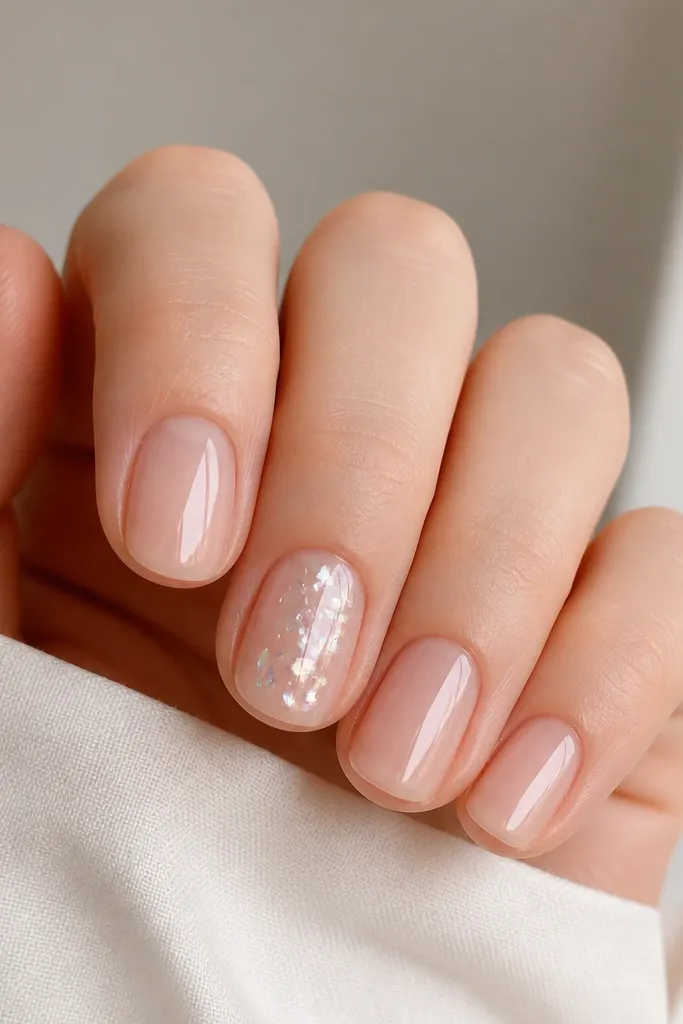 Short oval nails with clear BIAB. On the middle finger there are scattered iridescent foil pieces like tiny shards, concentrated near the center and slightly toward the tip. The rest of the nails are plain glossy clear.