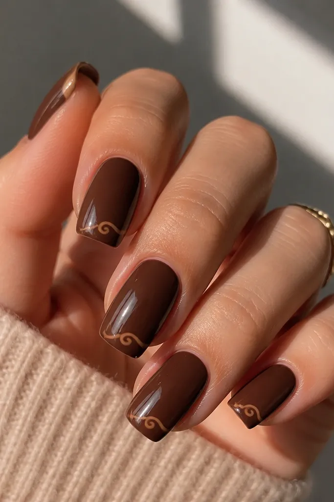Short coffin nails. Base is glossy chocolate brown. On each nail, the tip has a thin caramel swirl line that curls at the center of the smile, like a tiny latte art stroke.