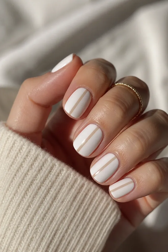 Short square nails. Base is glossy white. Each nail has a single vertical nude stripe centered from near the cuticle to the tip, slightly thinner than a pencil line.