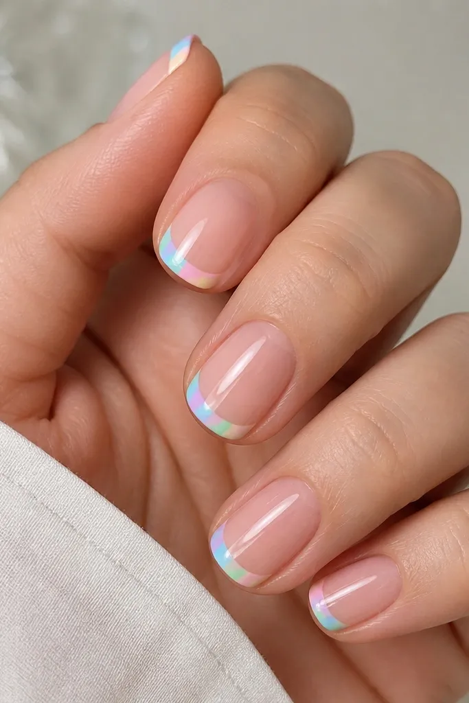 Short rounded nails in a sheer pink base. The tips have a thin rainbow row made of 4 pastel colors (mint, sky, lilac, pale yellow) blending side by side. Glossy finish.