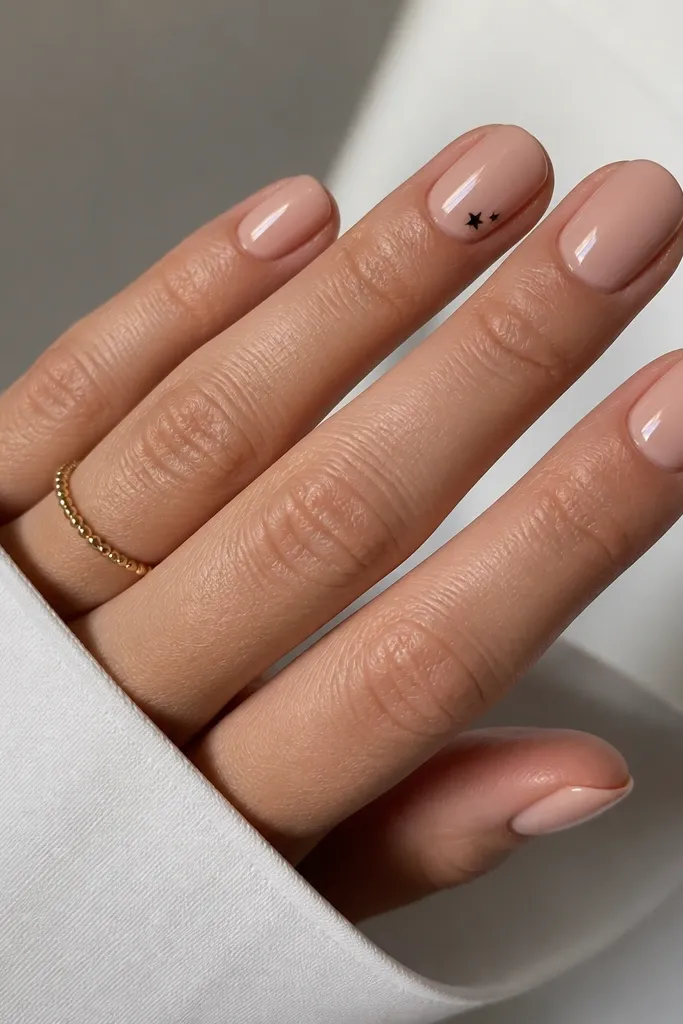 Short oval nails in nude BIAB. On one or two nails, tiny black star shapes sit near the cuticle on the outer corner, like a little accent. Glossy finish.