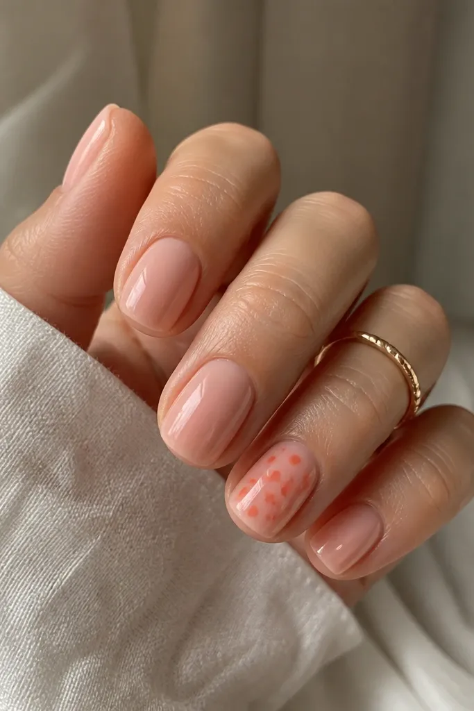 Short squoval nails in sheer peach BIAB. Only the ring finger has orange polka dots: 5-7 dots in a loose cluster toward the center. Glossy topcoat on all nails.
