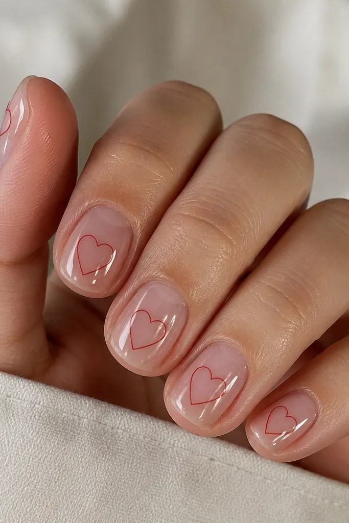 Short nails with a clear jelly BIAB base that shows the nail line. Each nail has a thin red heart outline near the center, with no fill. Glossy finish, clean and minimal.
